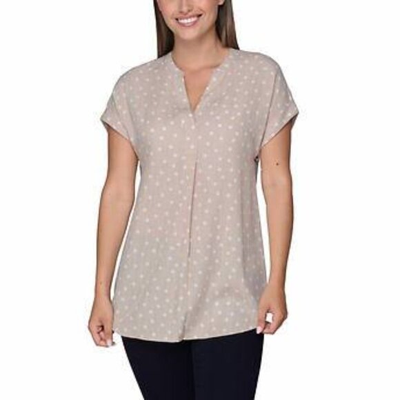 NWOT  Rachel Roy Short Sleeve V-Neck Tunic Top | Tan with Dots - Picture 1 of 5